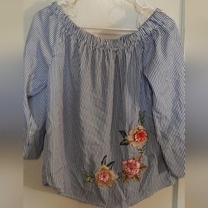 White and blue strip off the shoulder blouse